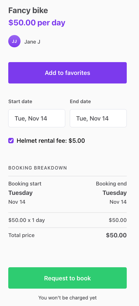 Helmet rental fee checkbox